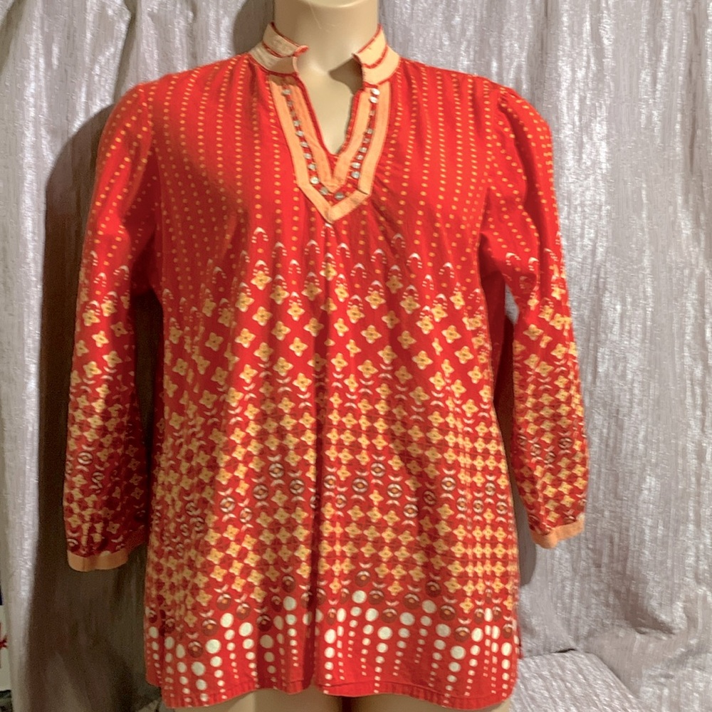 J.A.C. Top Blouse XL Red Orange Pullover Cotton Long Sleeve Light Weight